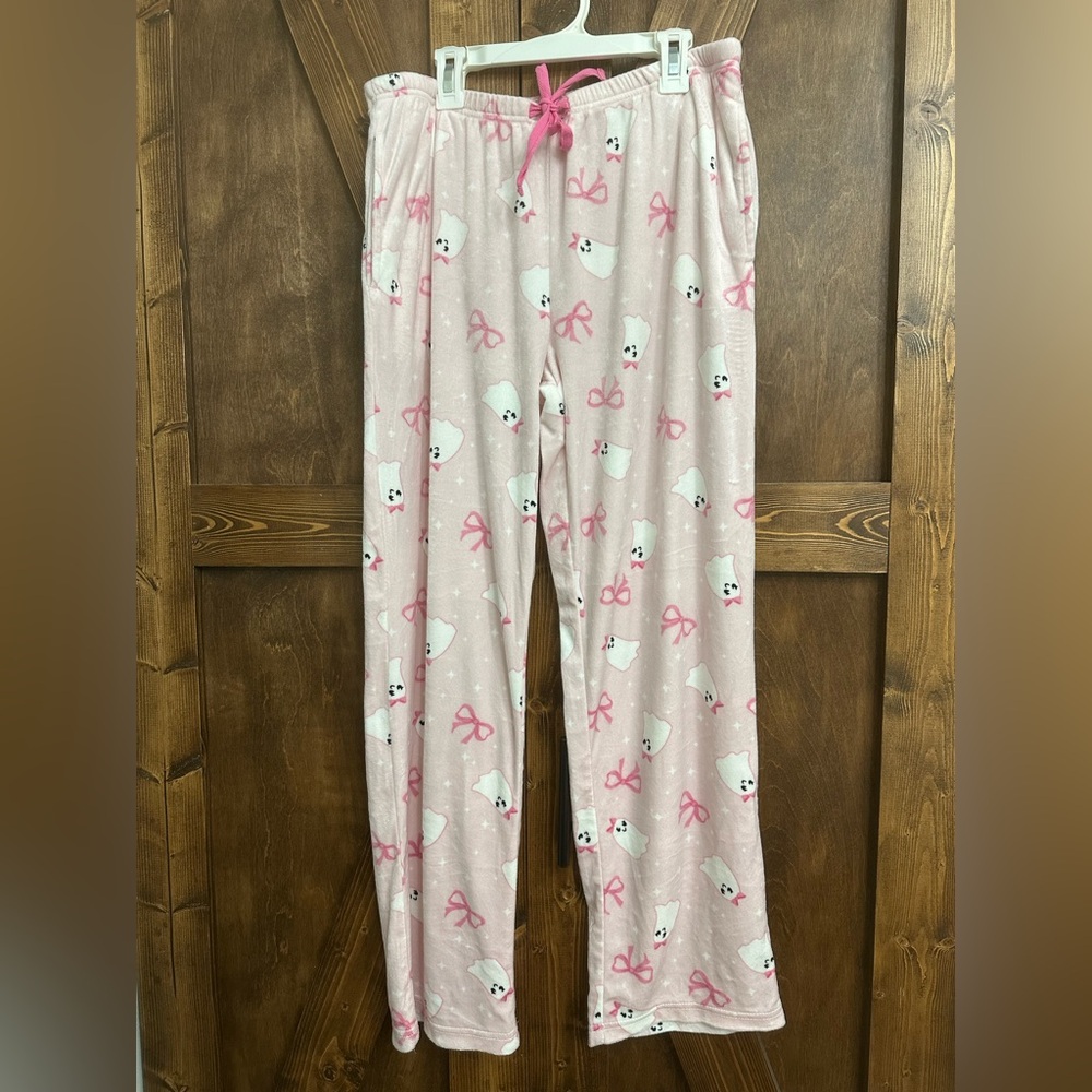 Halloween Pink Pajama Pants with Bow & Ghost Pattern
